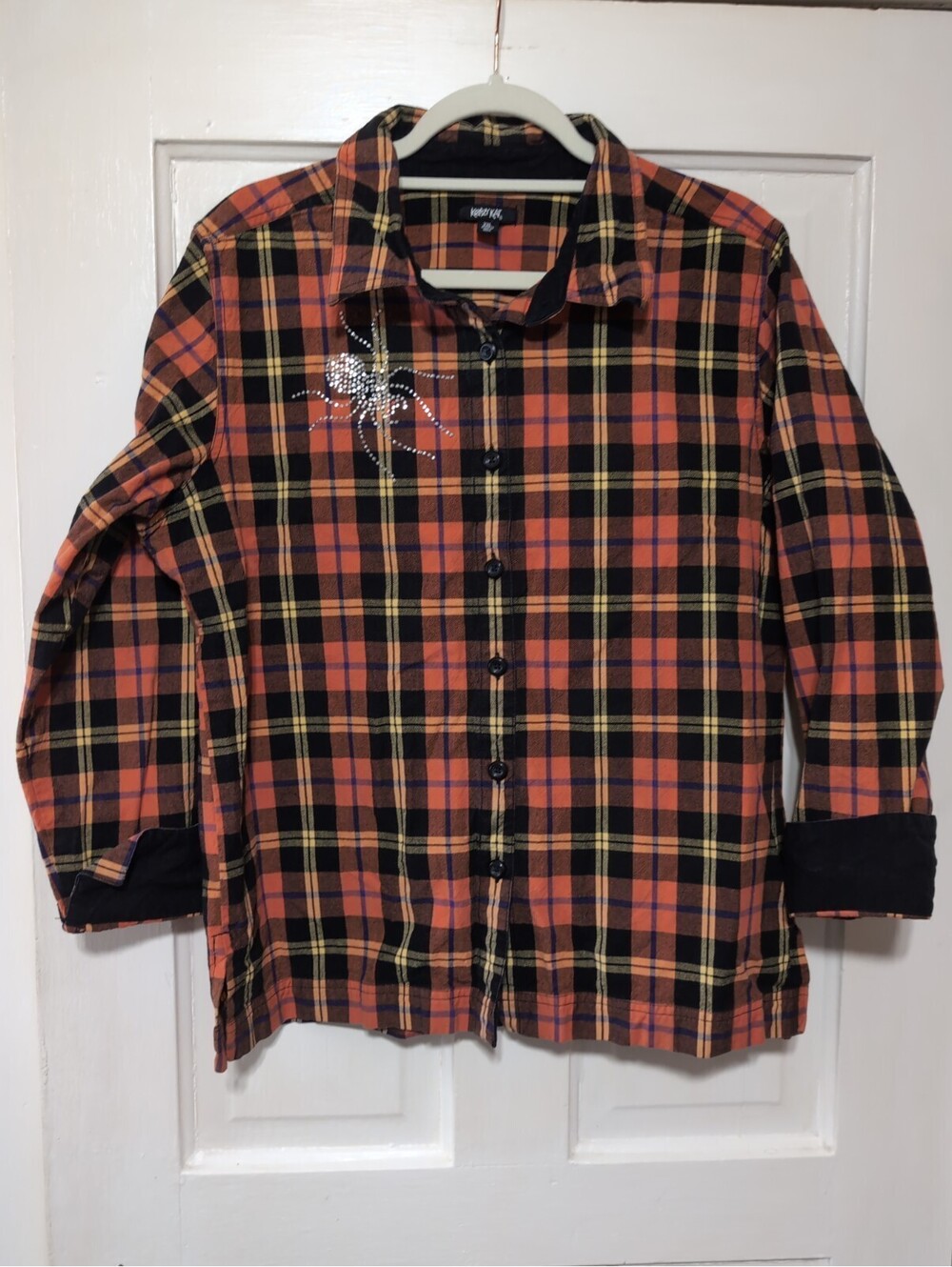Krazy Kat Orange Black Plaid Shirt Rhinestone Spider Halloween Womans XXL(1536)C